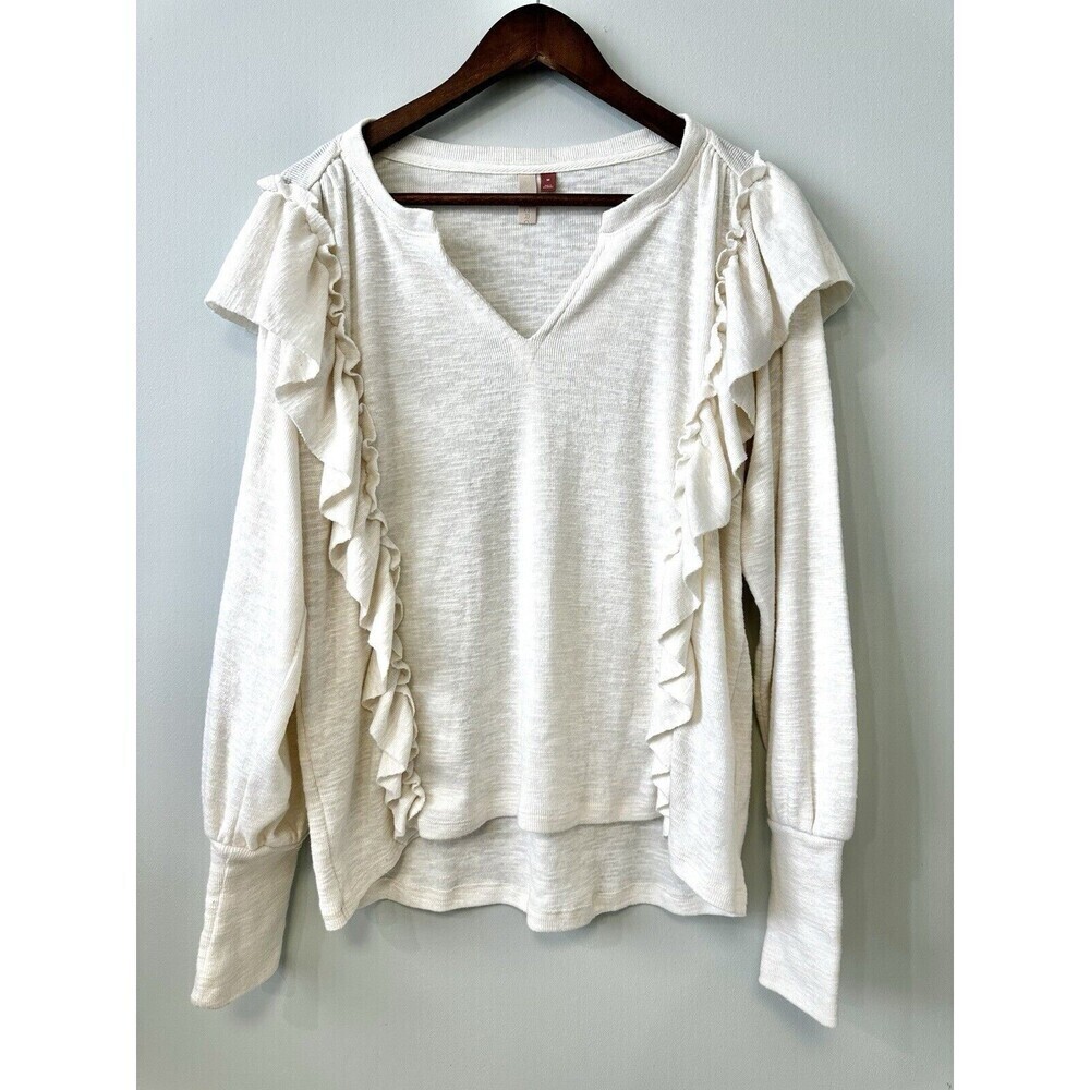 Anthro Pilcro Sweater Balloon Sleeve Womens Medium Ivory Ruffle Front Pullover
